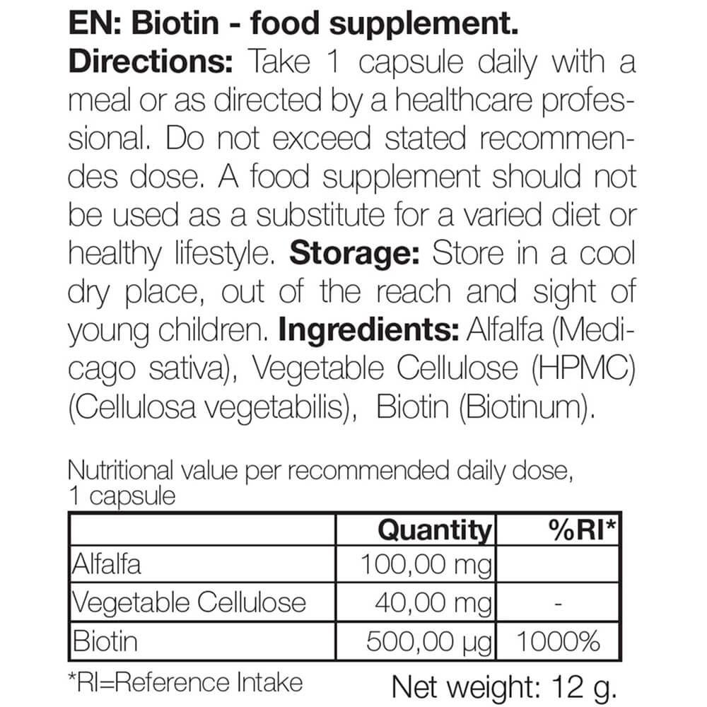 Tekst op witte achtergrond. Bevat informatie over ingrediënten, dosering en voedingswaarden van biotine supplementen.