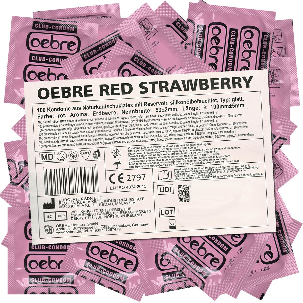 Roze condoomverpakkingen met het "oebre" logo. Een label toont productinformatie, waaronder "OEBRE RED STRAWBERRY" en certificeringen.