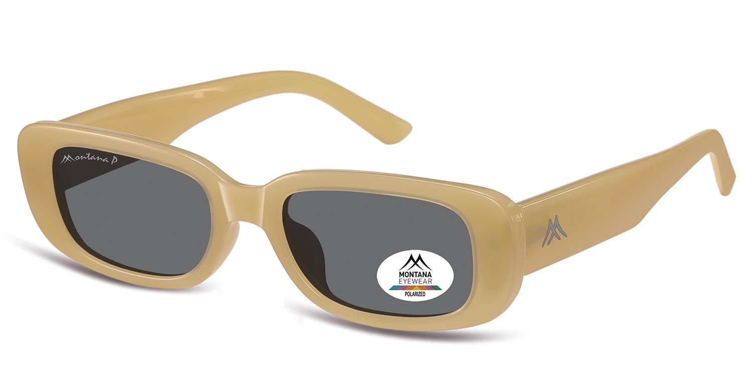 Montana Eyewear Romazzino zonnebril, beige. Rechthoekige vorm, grijze glazen. Logo op de poot en polarisatie sticker.