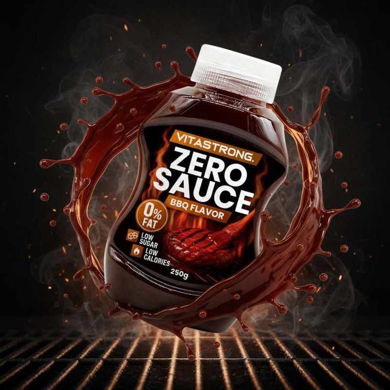 Bruine fles met witte dop. Opschrift: Vitastrong Zero Sauce BBQ Flavor. 0% vet, weinig suiker, weinig calorieën. 250g. Omringd door een golf van saus.