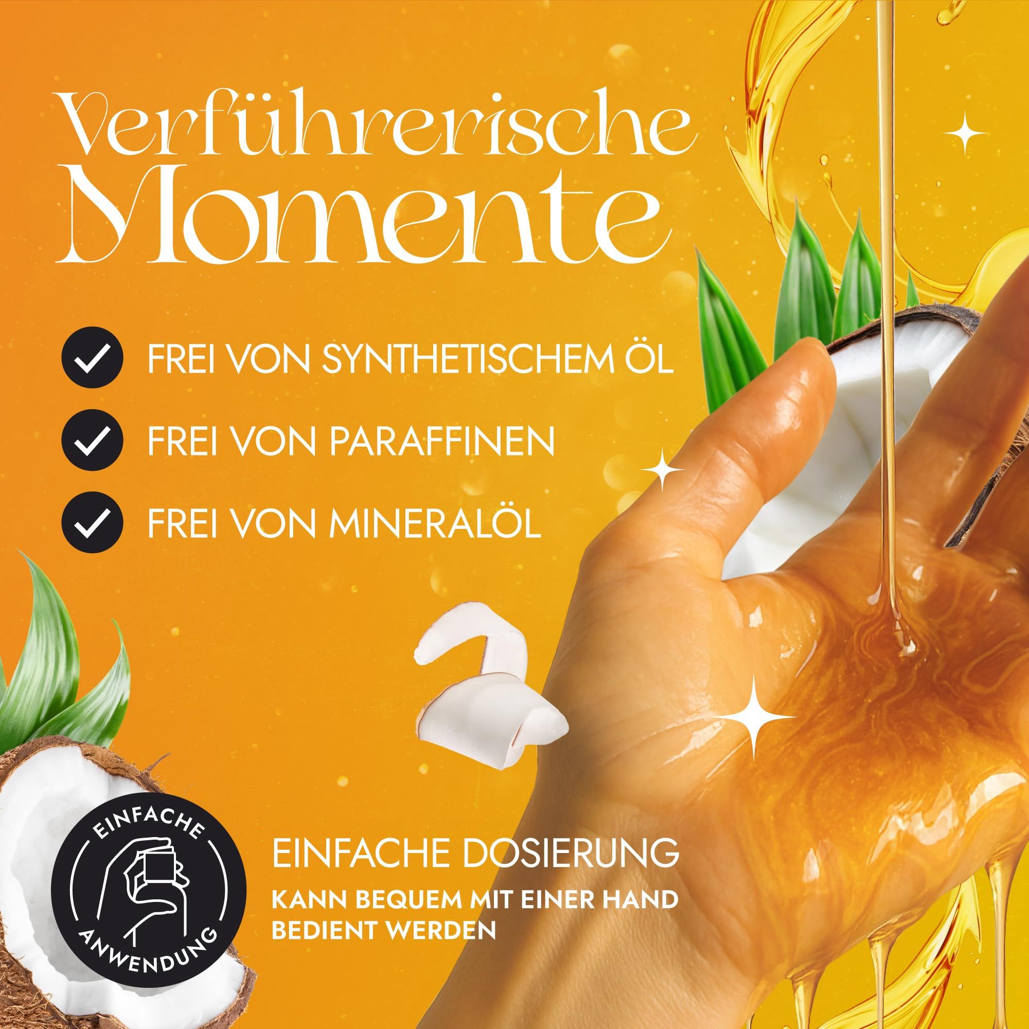 Hand wordt overgoten met gouden olie. Vrij van synthetische olie, paraffines, minerale olie.