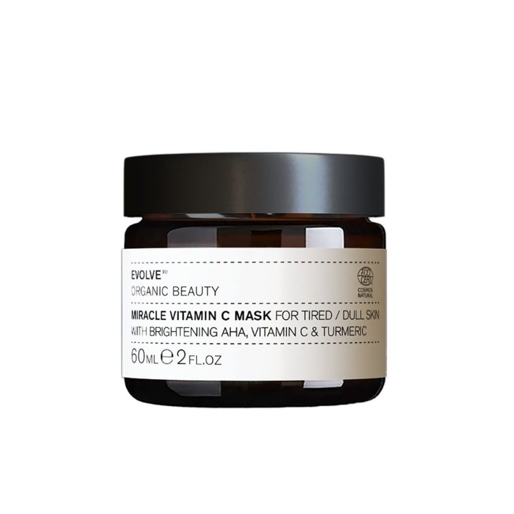 Bruine glazen pot met zwarte deksel. Opschrift: Miracle Vitamin C Mask. Bevat AHA, vitamine C en kurkuma. 60ml.