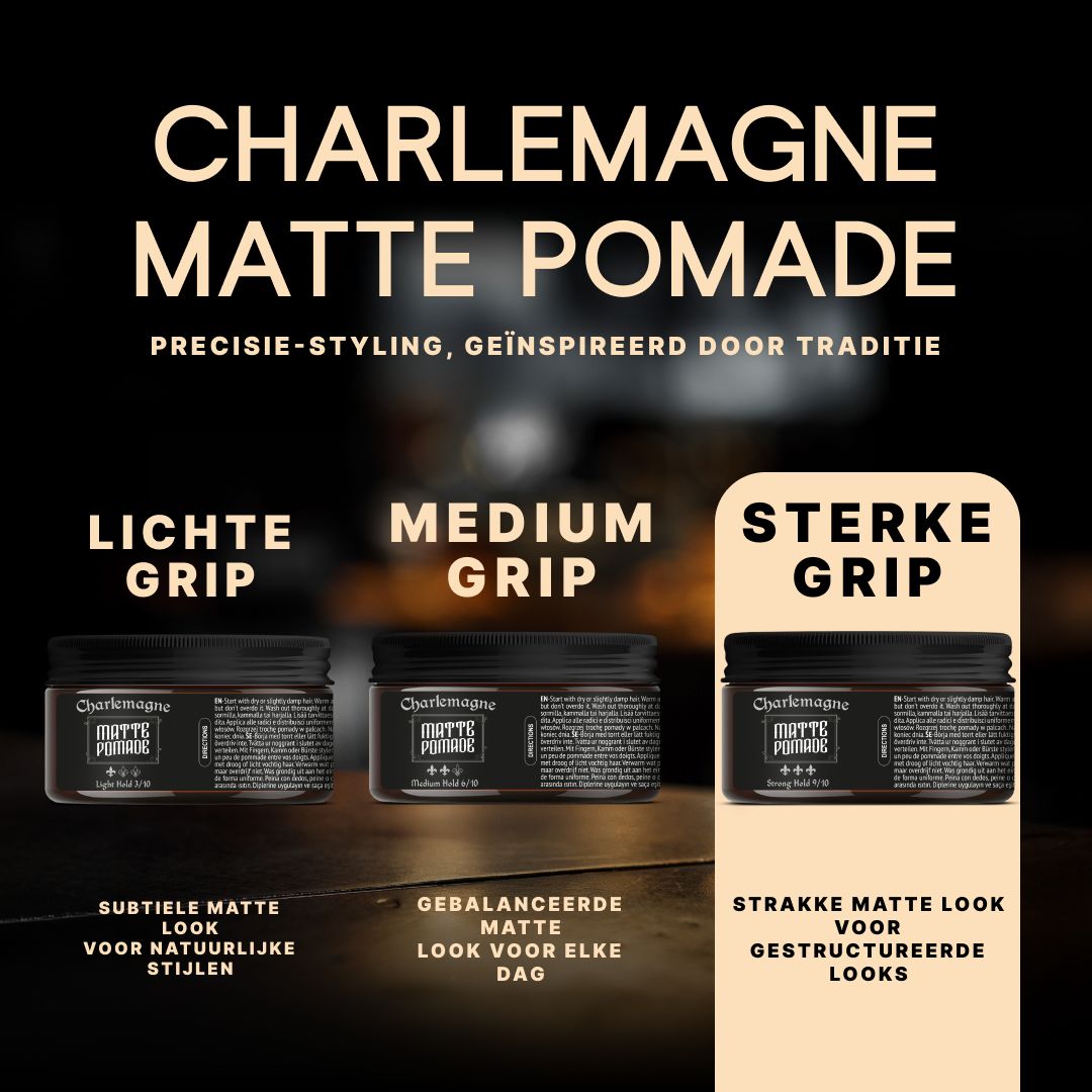 Drie potjes "Charlemagne Matte Pomade" met verschillende gripsterktes.