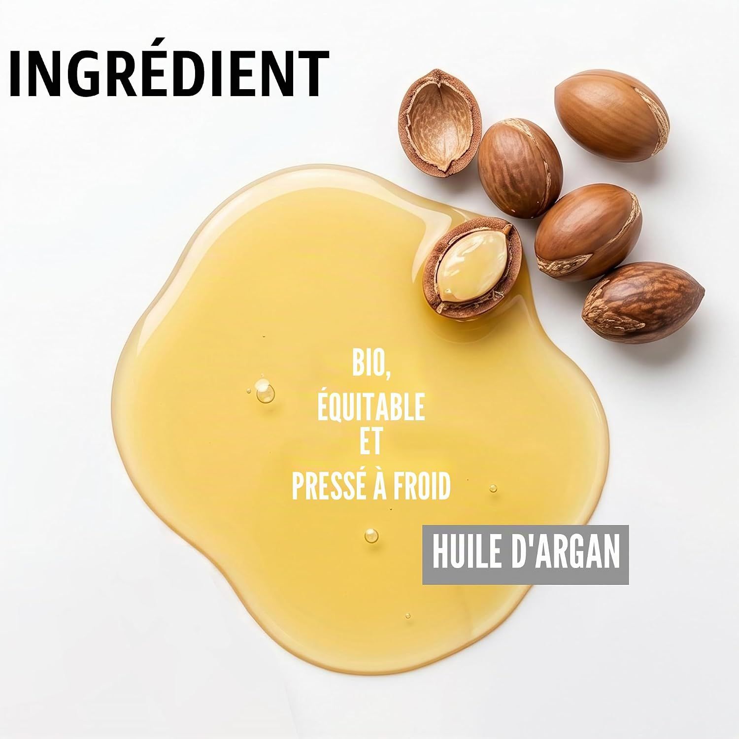 Goutte d'huile d'argan avec amandes d'argan, texte "Huile d'Argan".