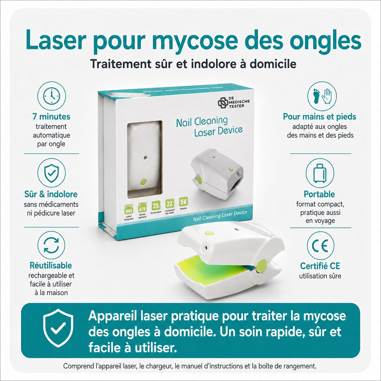 Appareil laser pour mycose des ongles blanc et vert, certifié CE, pour mains et pieds.