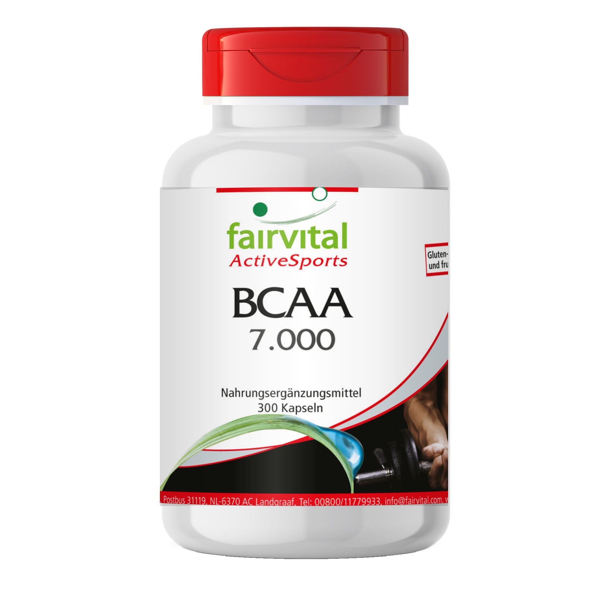 Witte capsulefles met rode dop, Fairvital BCAA 7.000, 300 capsules.