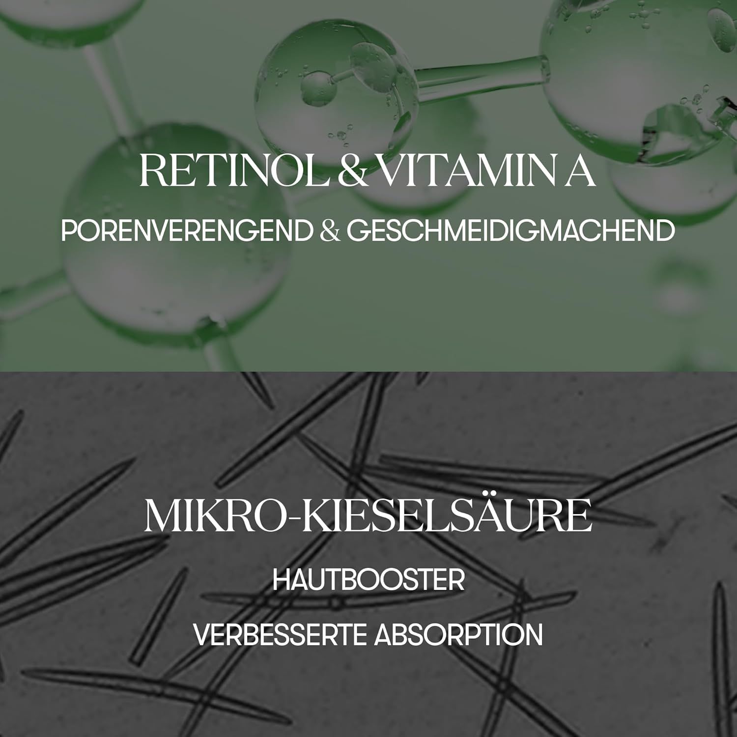Moleculaire structuur en micro-naalden. Tekst: Retinol & Vitamine A, Micro-kiezelzuur.
