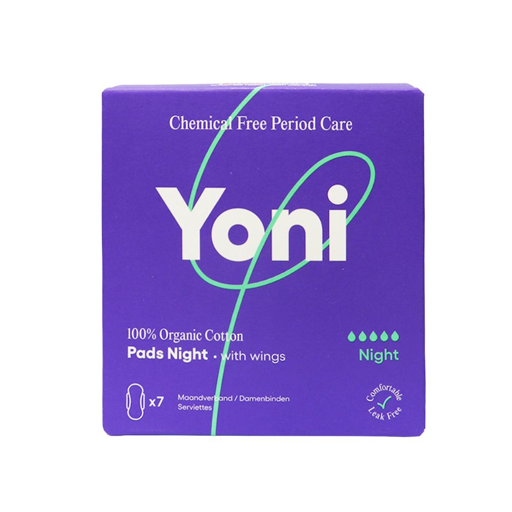 Boîte violette "Yoni", "Night" et "100% Organic Cotton Pads". Texte: "Chemical Free Period Care".