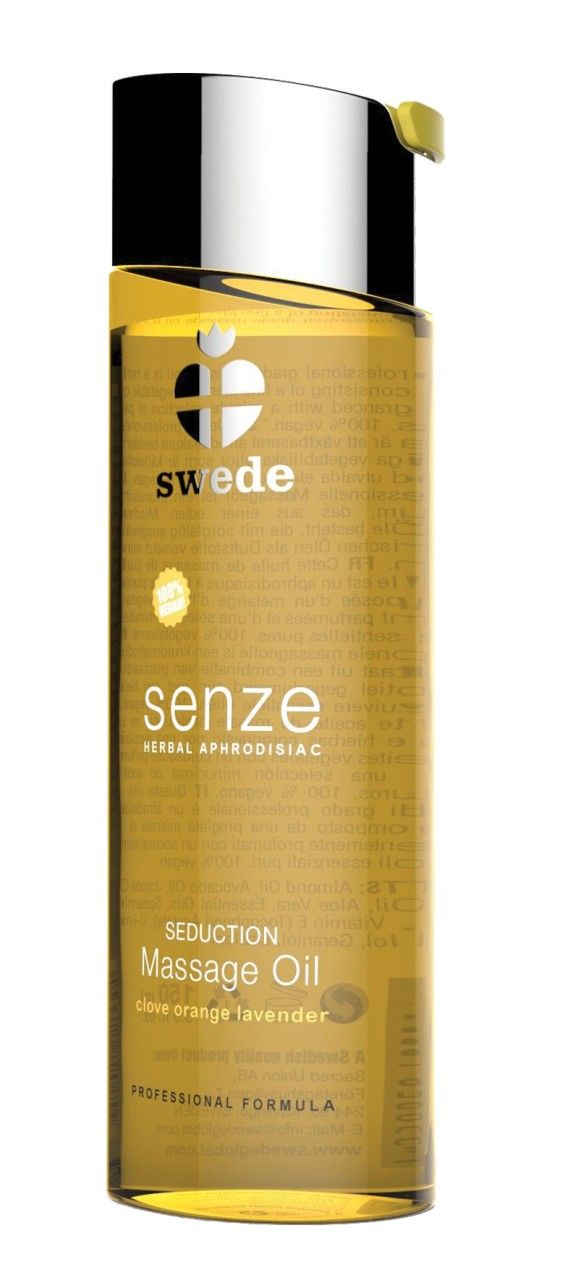 Huile de massage Swede Senze Seduction dans une bouteille en verre avec bouchon argenté.