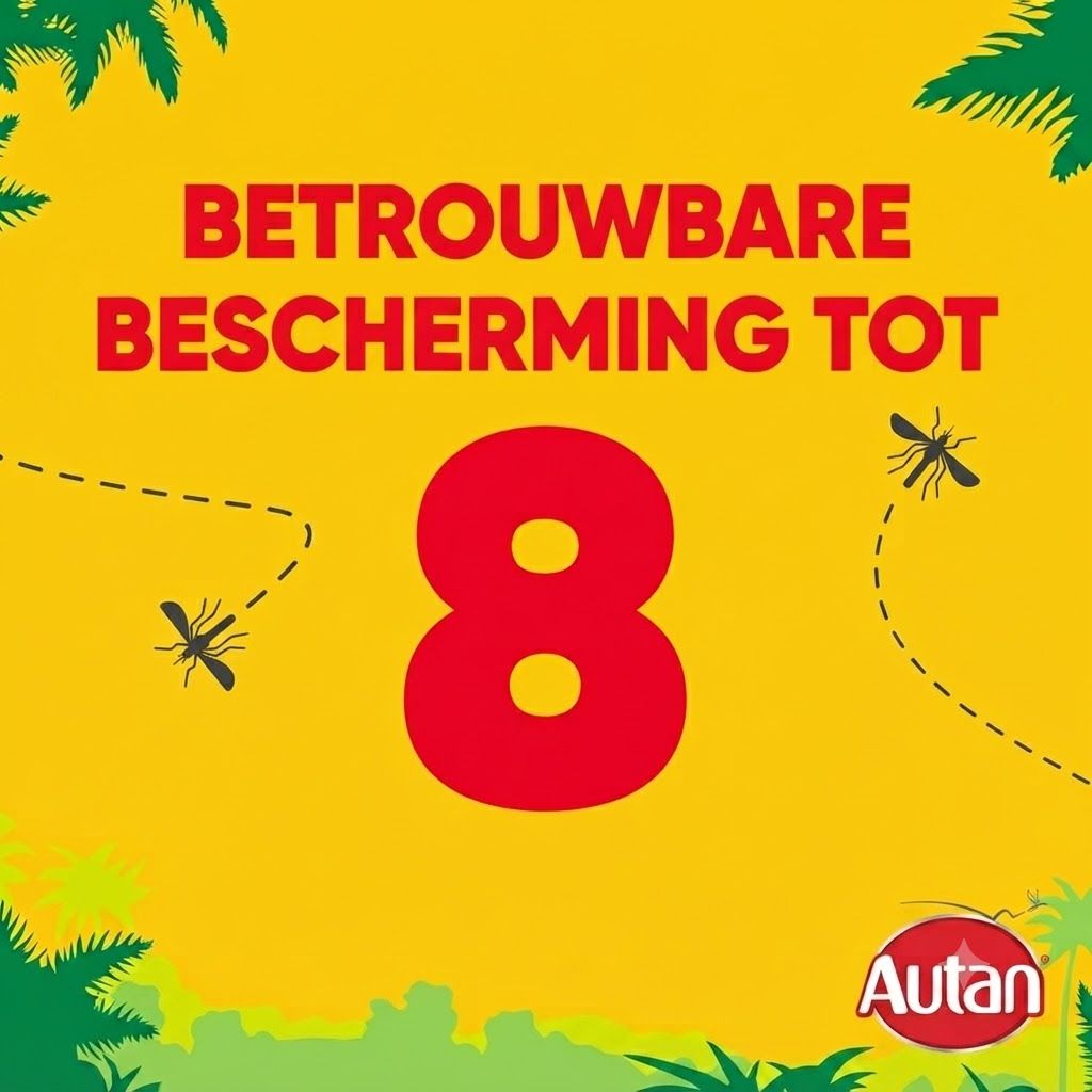 Autan: Betrouwbare bescherming tot 8 uur. Muggen vliegen rond het getal 8.