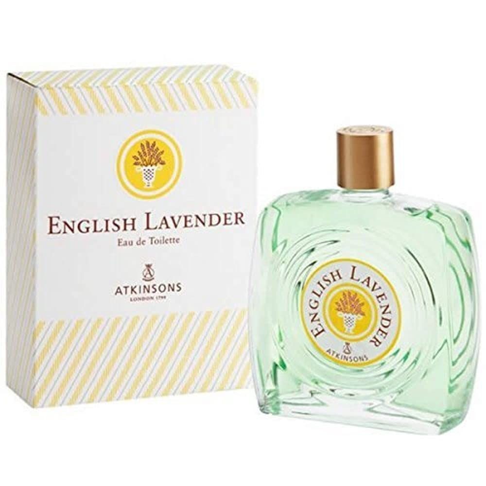 Flacon et boîte English Lavender. Flacon carré, vert clair, bouchon doré. Boîte rayée blanc et jaune.