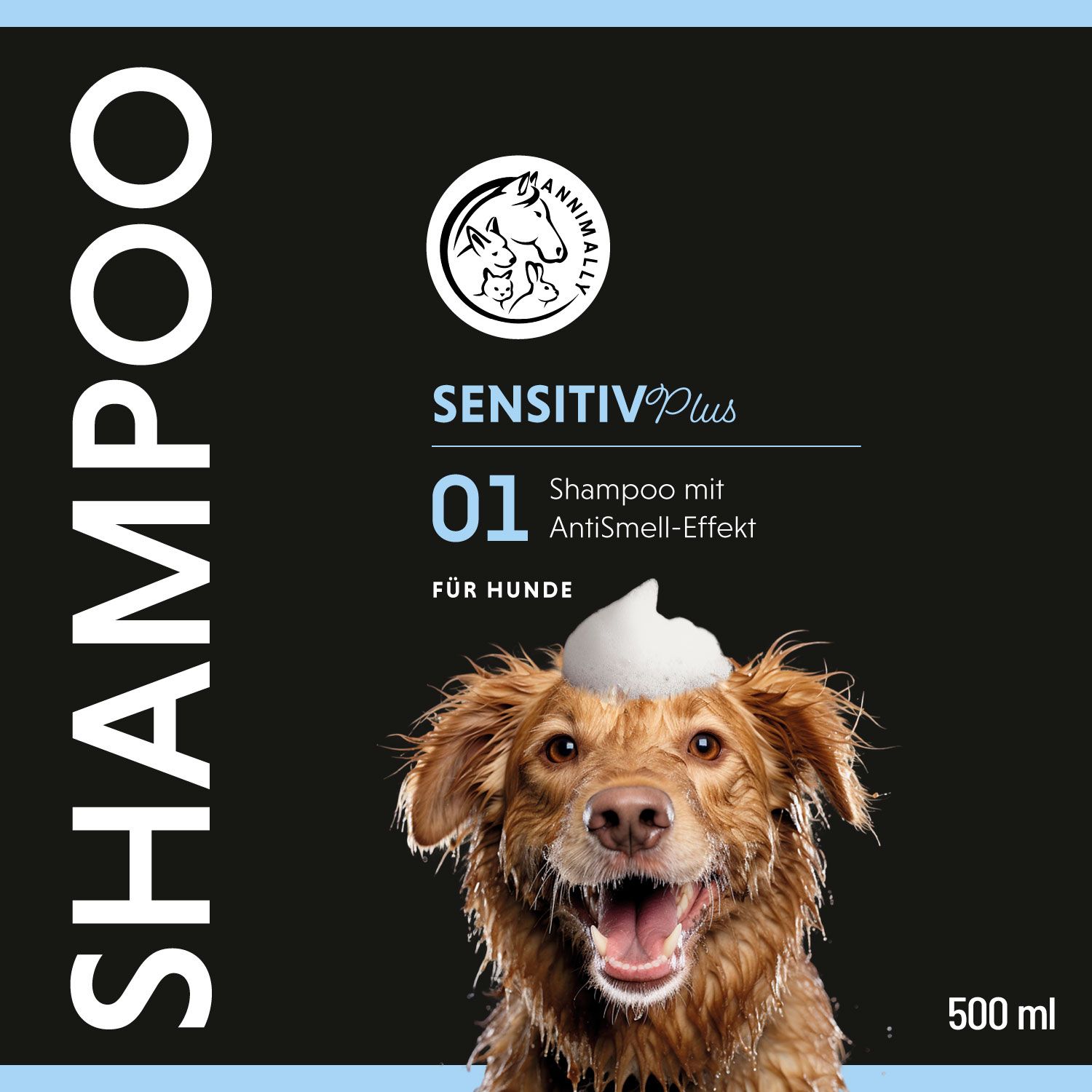 Fond noir avec texte blanc: SHAMPOO, SENSTIV Plus 01, Shampooing avec effet AntiSmell, pour chiens. Chien avec mousse sur la tête.