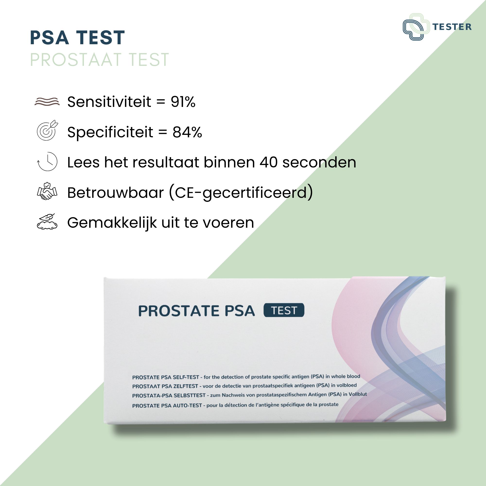 Emballage avec inscription PROSTATE PSA TEST. Informations sur la sensibilité et la spécificité. Certification CE. Texte en allemand et en anglais.