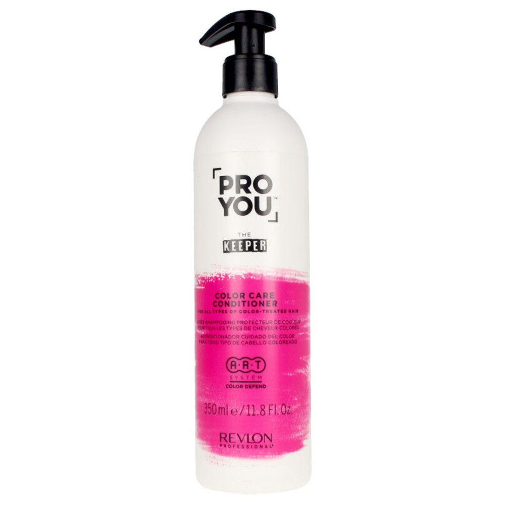 Flacon blanc avec pompe noire. Étiquette rose avec texte: PRO YOU, THE KEEPER, COLOR CARE CONDITIONER. Marque: Revlon.
