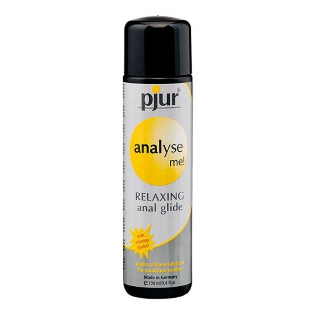 Cilindrische fles met zwarte dop. Geel logo en tekst "pjur analyse me!". Productnaam.