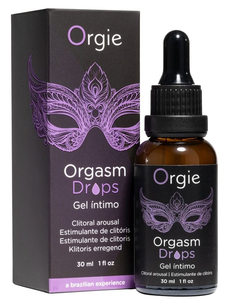 Flesje en verpakking Orgie Orgasm Drops, maskerontwerp, 30ml.