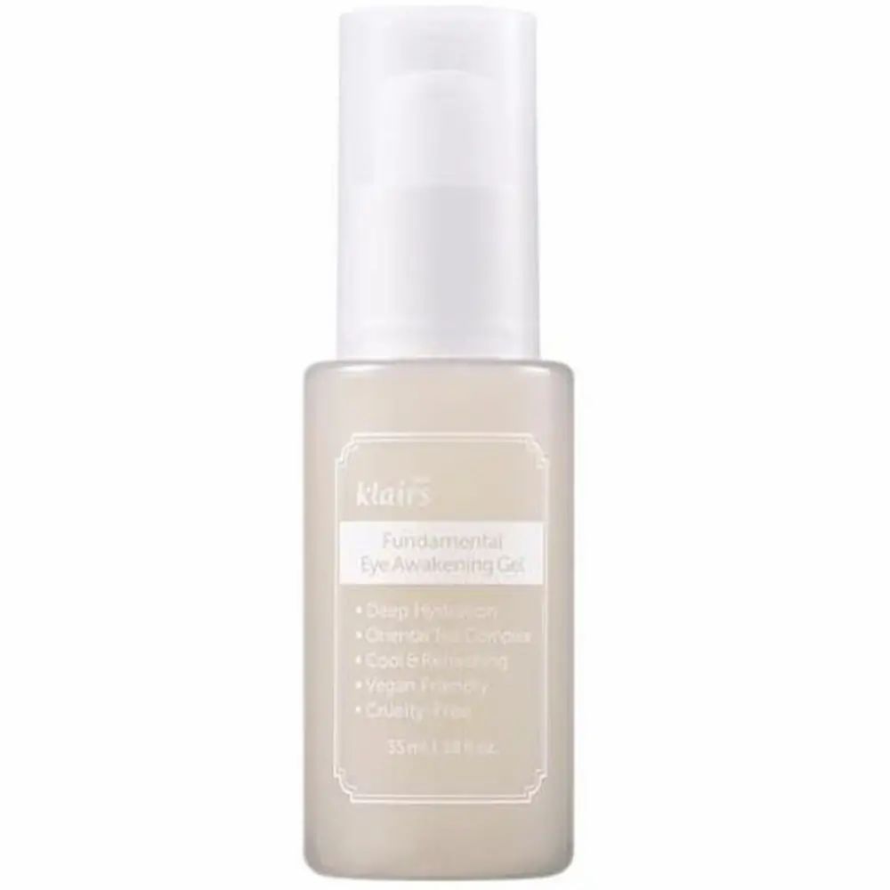 Flacon pompe gris. Inscription: Fundamental Eye Awakening Gel, klairs. 15 ml.