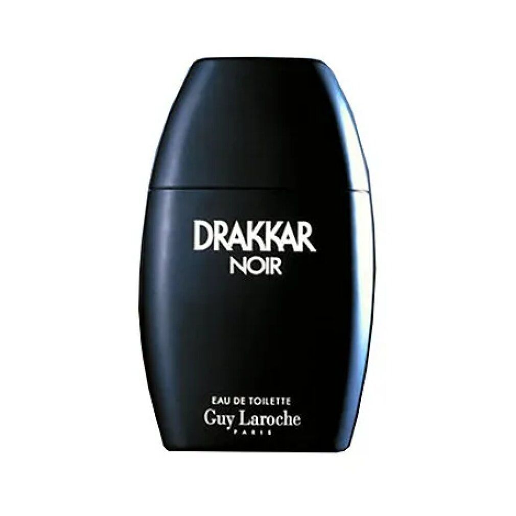 Zwarte fles van Drakkar Noir Eau de Toilette. Zwarte fles met witte tekst. De fles heeft een ovale vorm.
