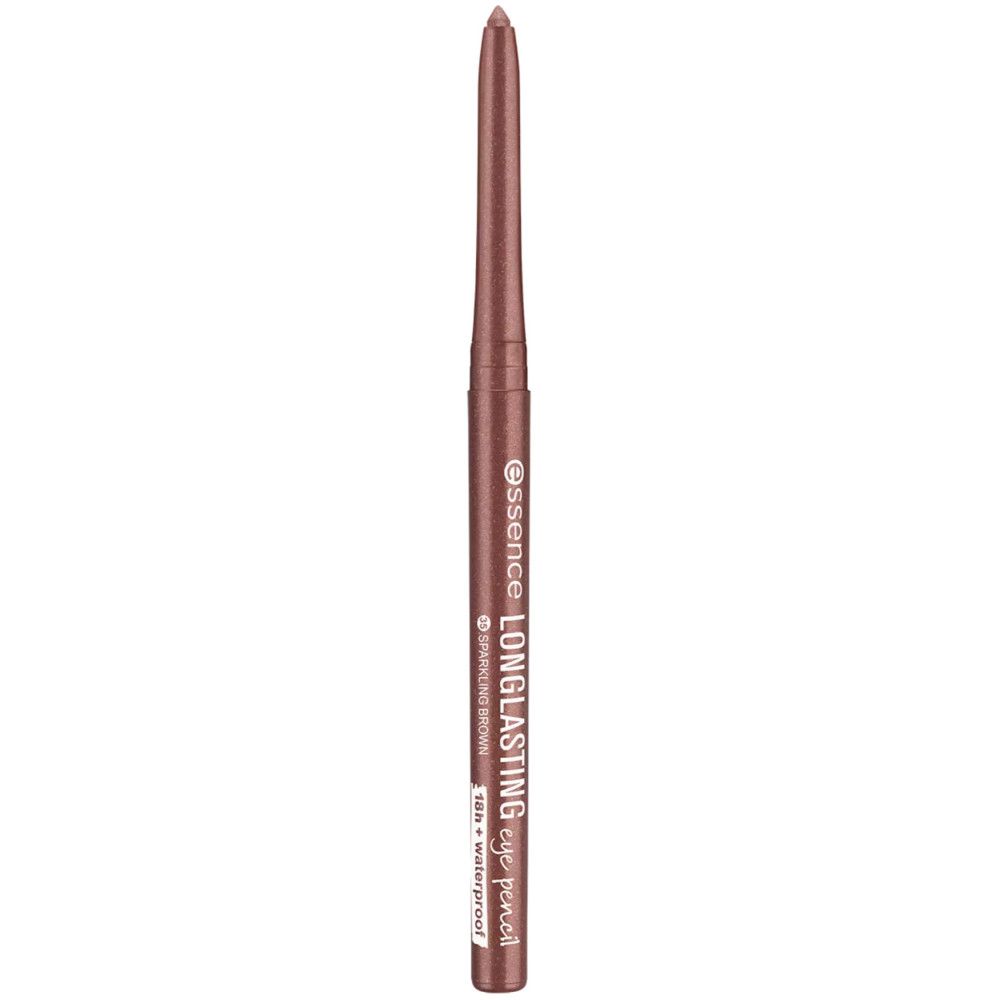 Crayon pour les yeux Essence longue durée. Brun métallique. Texte: Longlasting Eye Pencil, Sparkling Brown, 18h + waterproof.