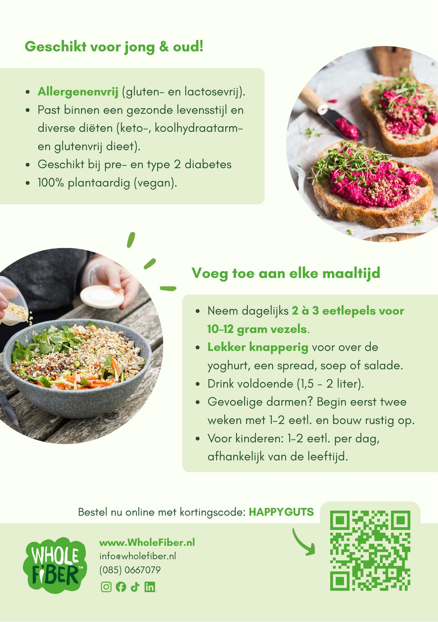 Promotiebeeld met gerechten, ingrediënten en WholeFiber logo. Tekst: "Geschikt voor jong & oud!" en "Voeg toe aan elke maaltijd".