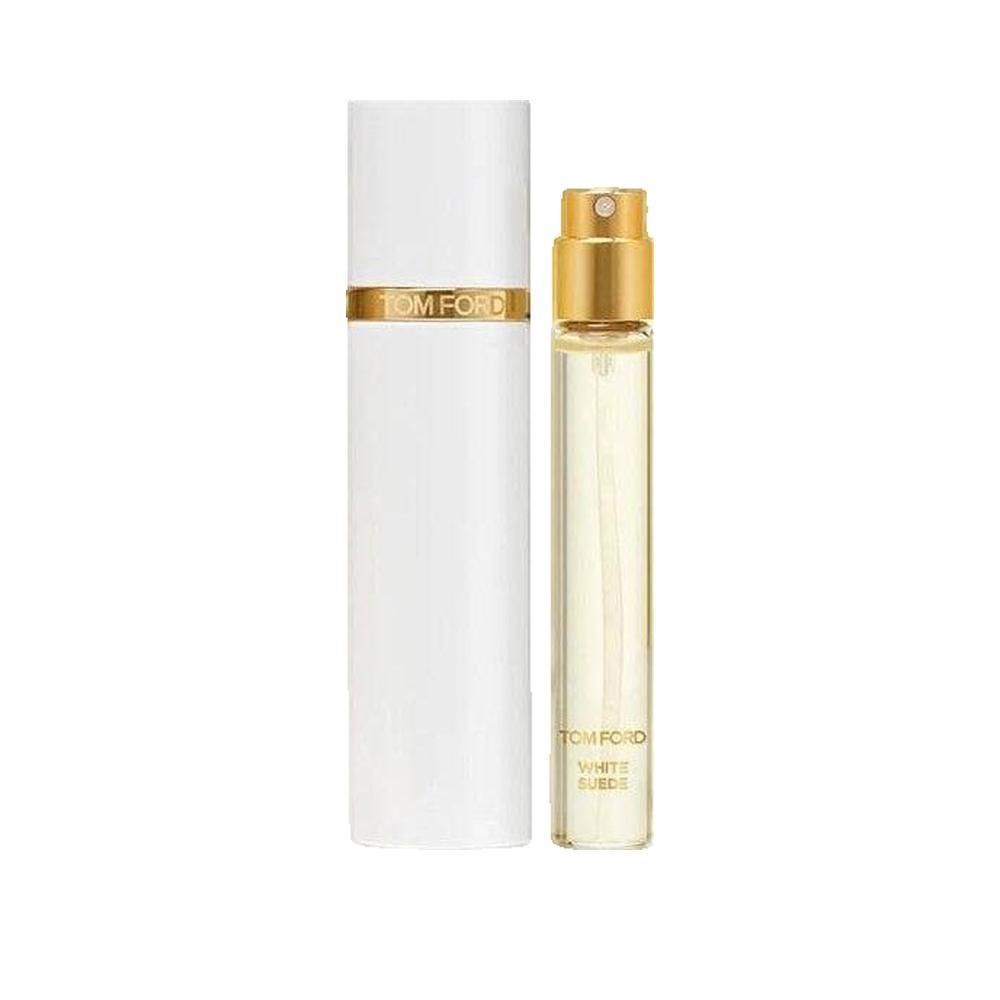 Wit parfum met gouden details. Langwerpige fles en kleine verstuiver. Opschrift: TOM FORD White Suede.