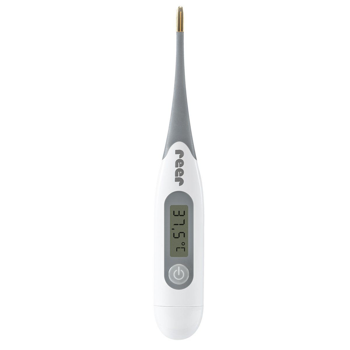 Thermomètre numérique avec écran, affiche 37,5°C. Boîtier blanc, poignée grise, pointe dorée. Marque : reer.