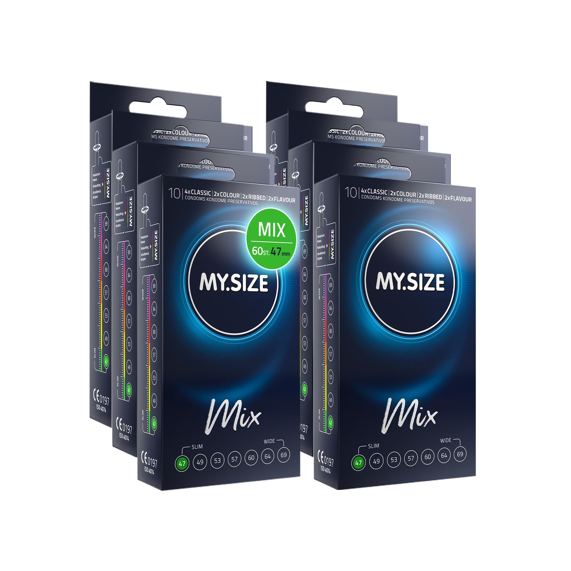 Verpakkingen MY.SIZE condooms, Mix-assortiment van 10 stuks, 4 Classic, 2 kleuren, 2 smaken. Maten 60 en 47 mm.