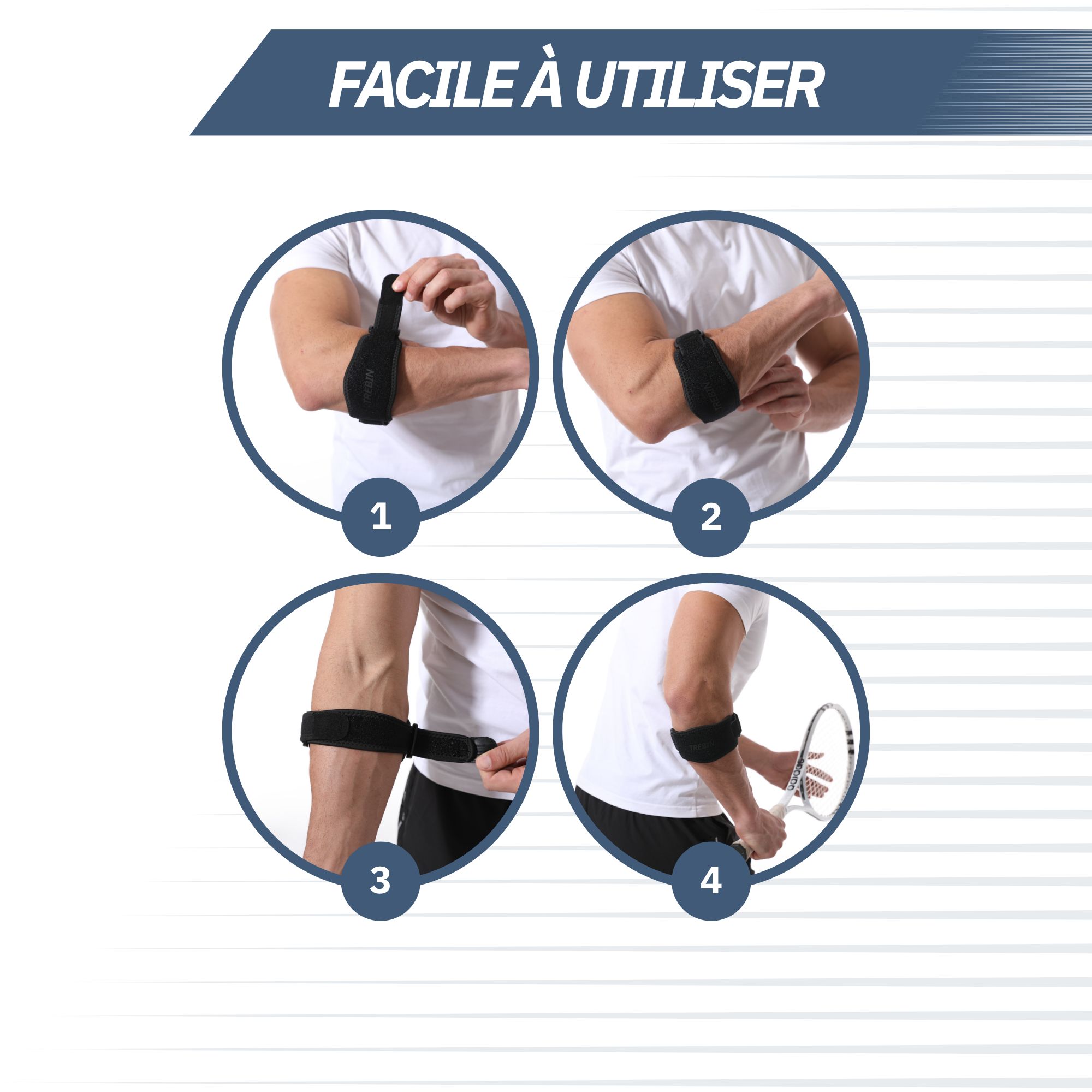 Instructions pour mettre un bandage au coude en quatre étapes.