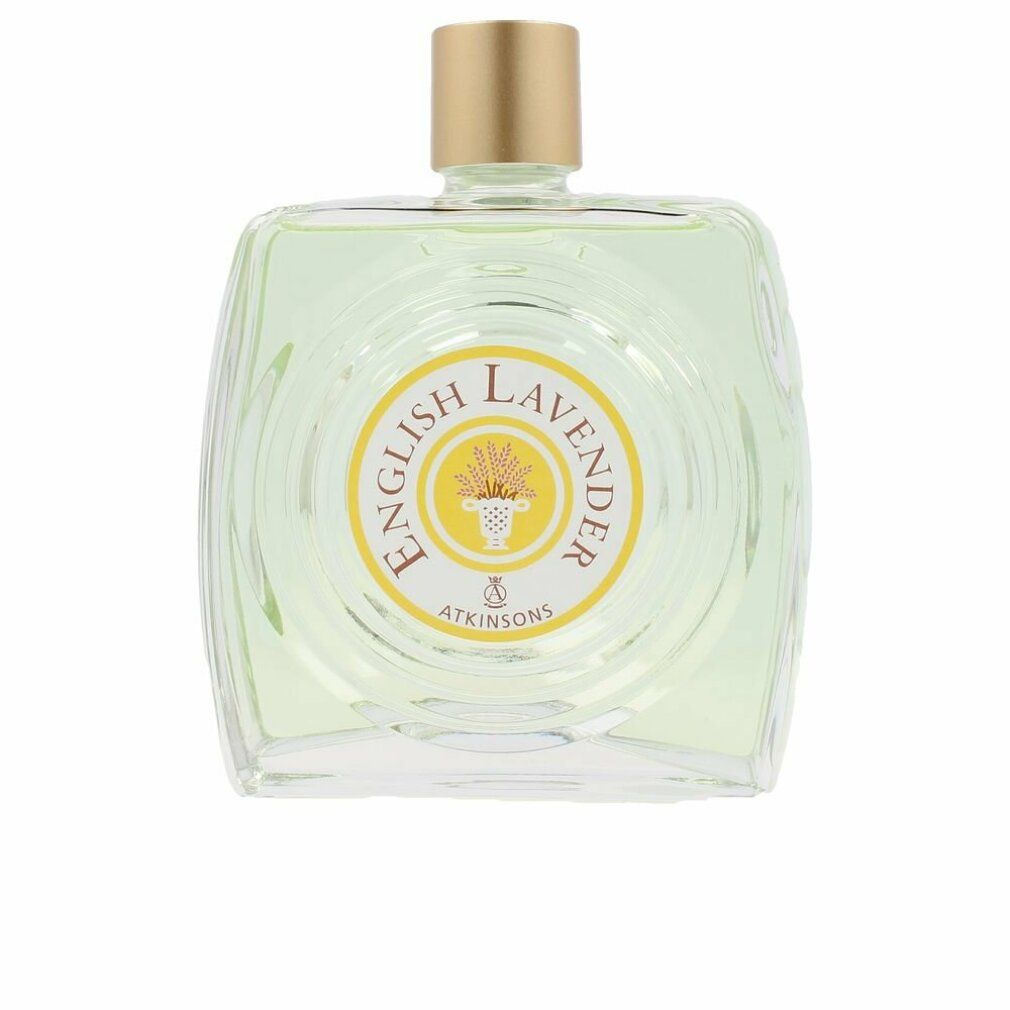 Flacon carré en verre avec étiquette jaune 'English Lavender' et bouchon doré.