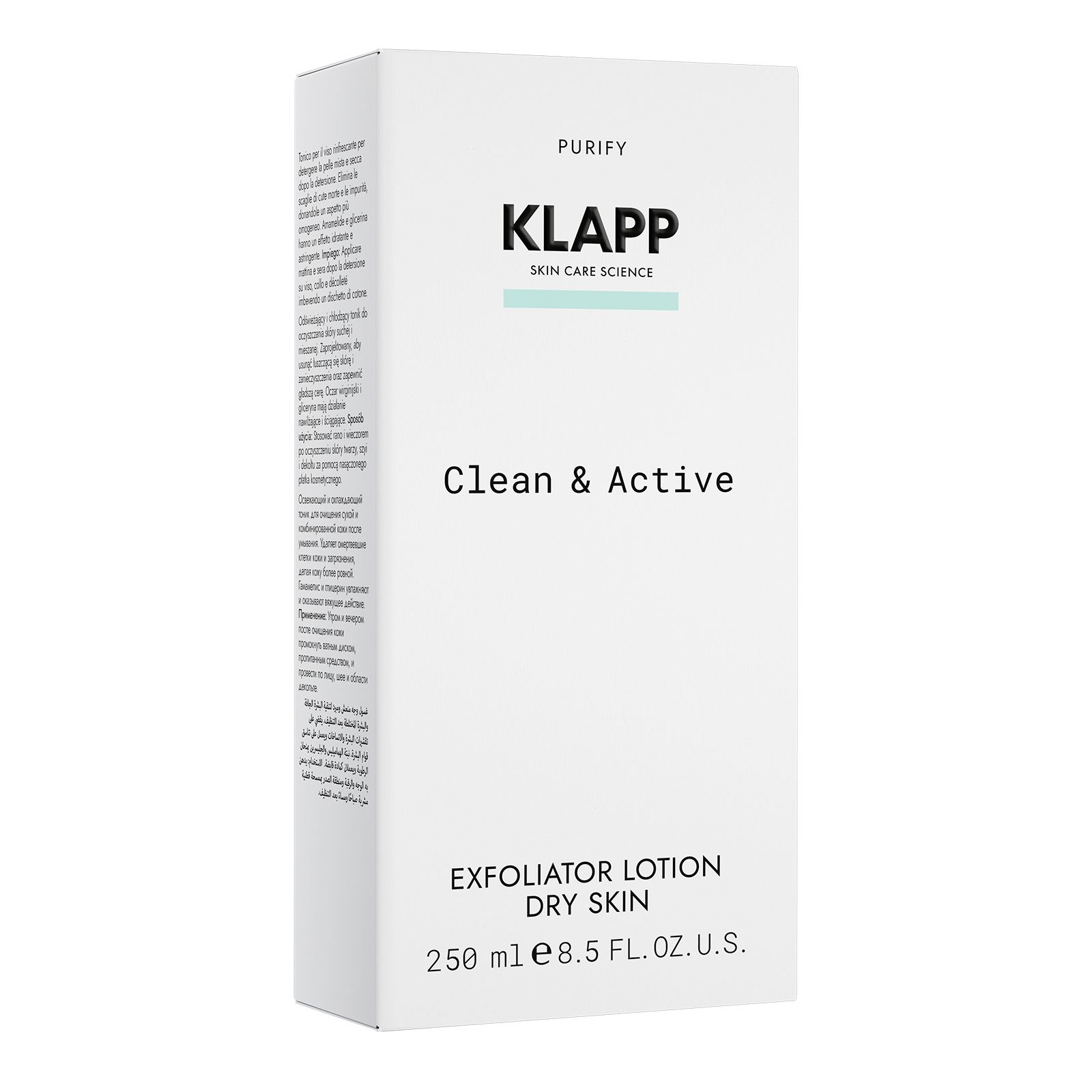 Witte doos Klapp Clean & Active Exfoliator Lotion Dry Skin. 250 ml. Tekst op verpakking. Skin Care Science.
