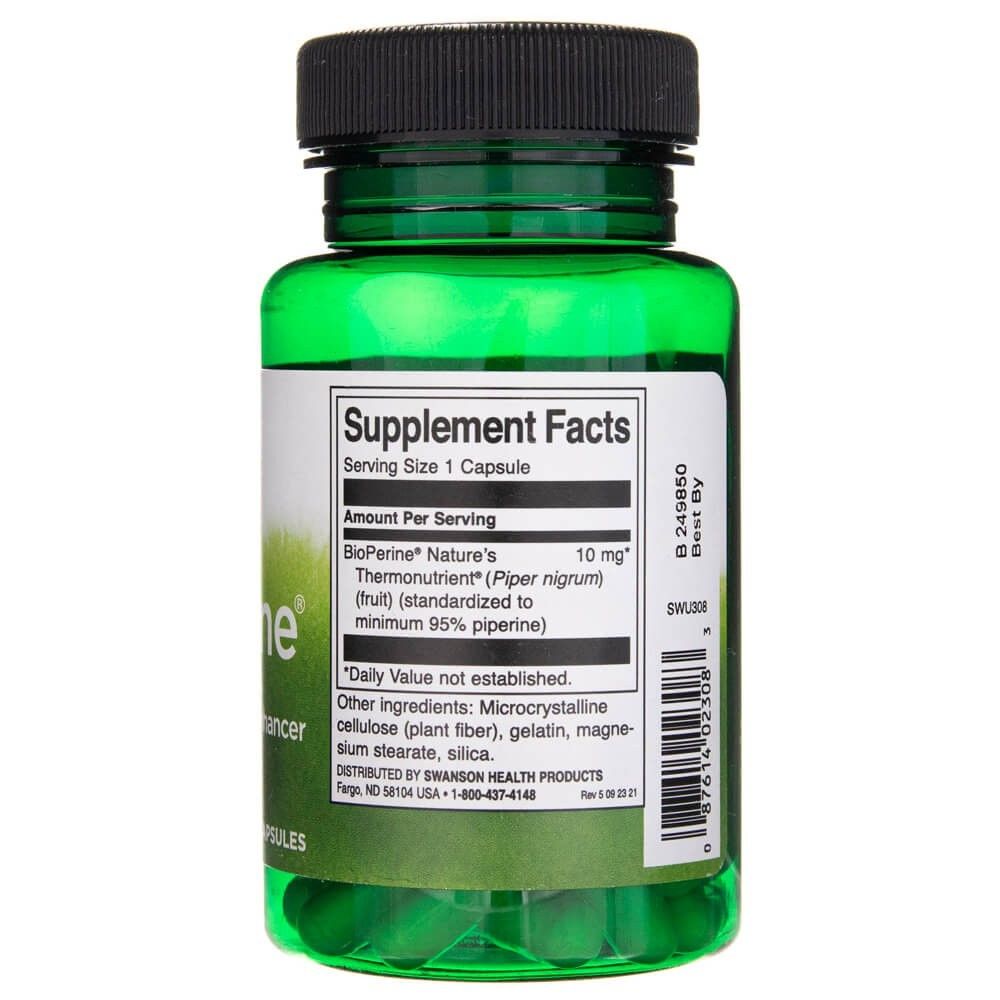 Informations nutritionnelles au dos d'un contenant de capsules Swanson BioPerine.