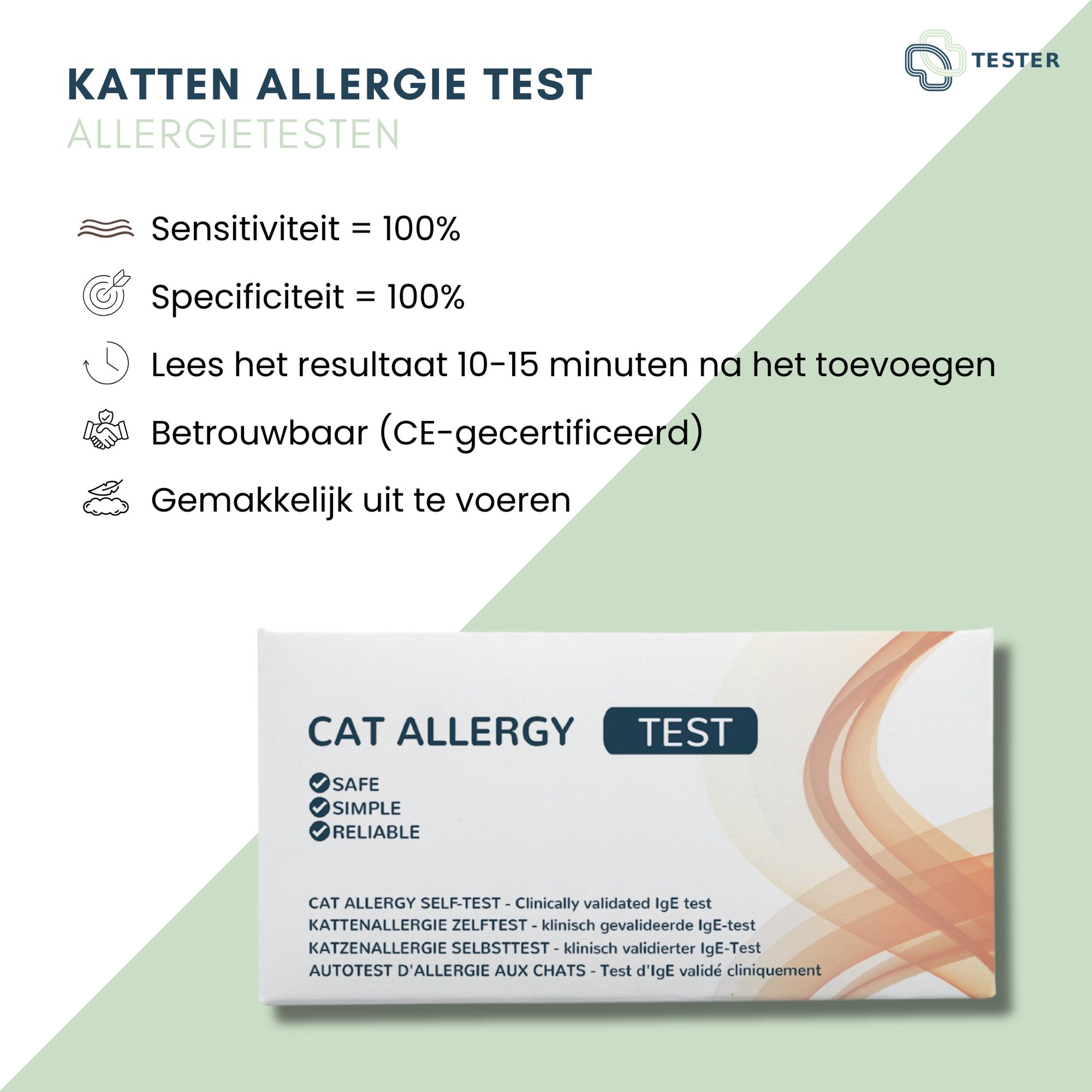 Texte sur fond vert : KATZEN ALLERGIE TEST, sensibilité 100%, spécificité 100%, certifié CE. Emballage en bas.