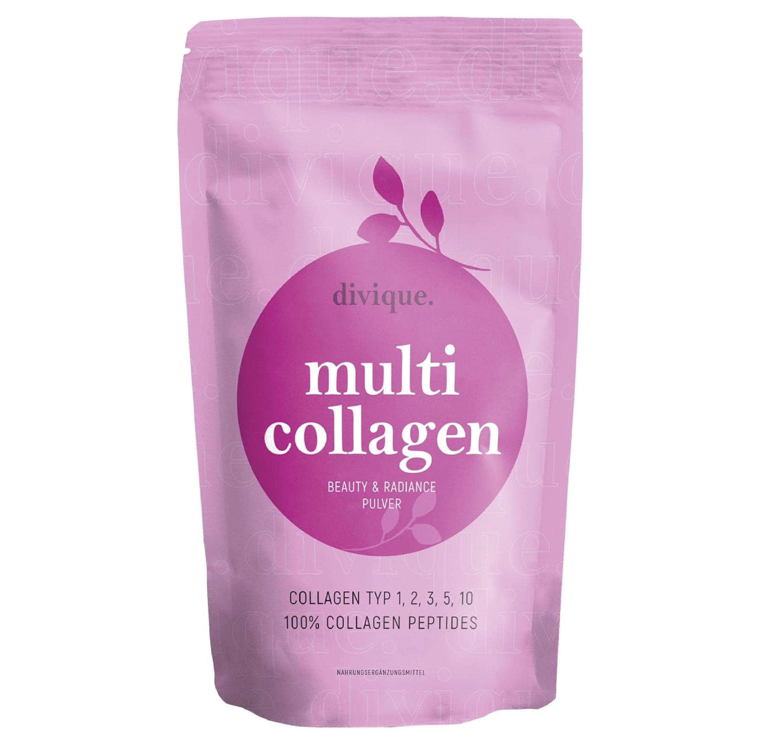 Roze poederzak met tekst: divique multi collagen. Bevat collageentypen 1, 2, 3, 5, 10. 100% collageenpeptiden.
