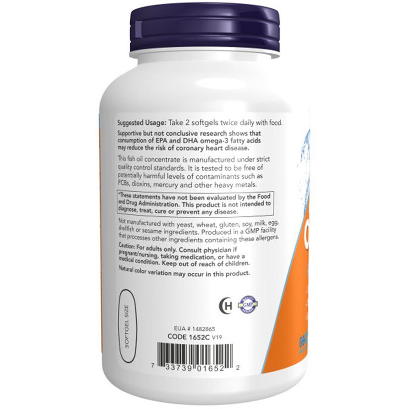 Achterkant van een witte fles met blauwe dop. Etiket met gebruiksinformatie en waarschuwingen. Merk: Now Foods.