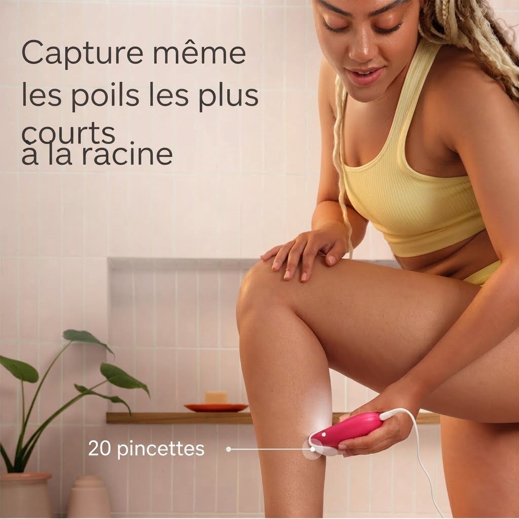 Femme utilisant le Braun Silk-épil 3 sur sa jambe. 20 pincettes attrapent les poils courts.