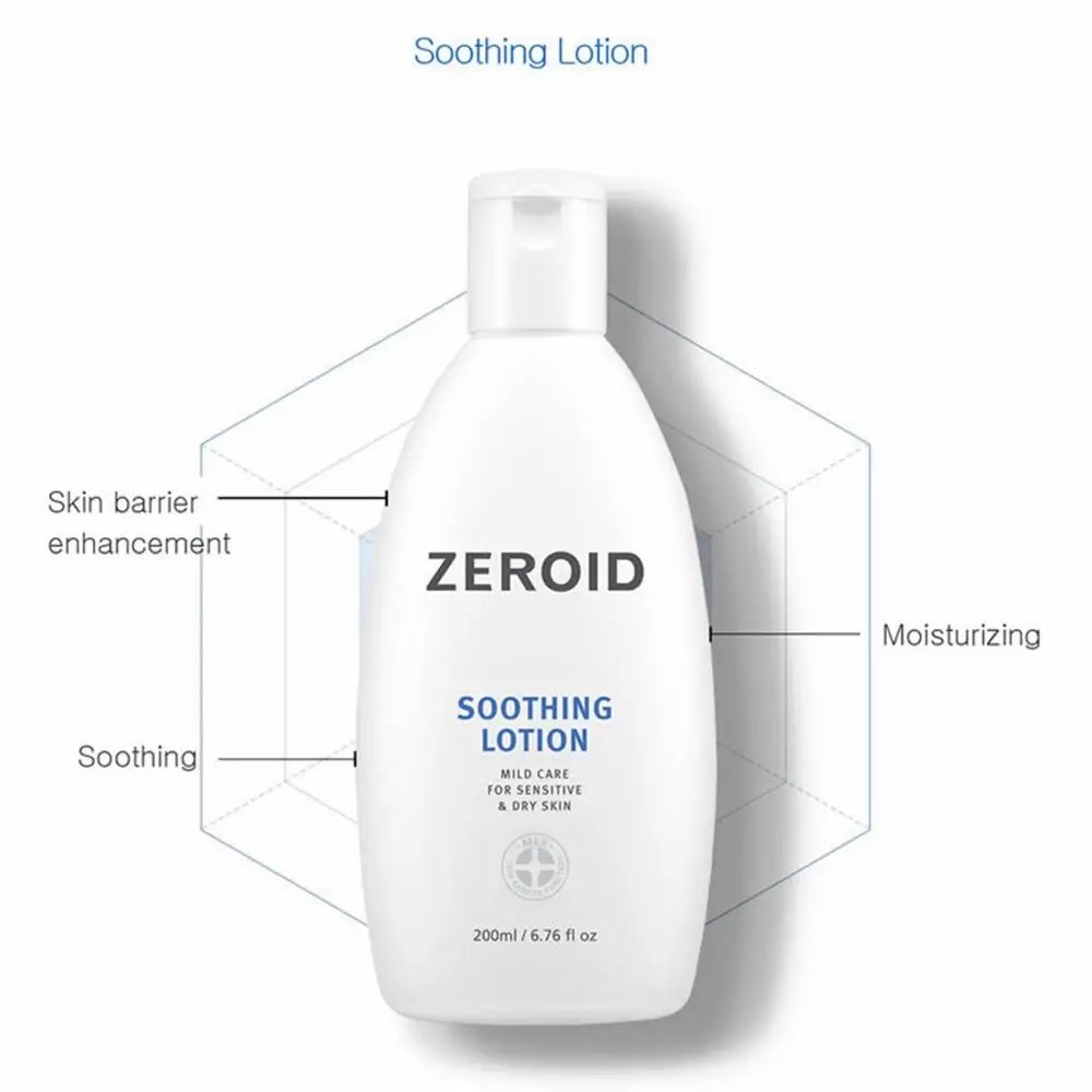 Flacon blanc ZEROID Soothing Lotion avec texte et diagramme. Étiquettes : barrière cutanée, hydratation, apaisant.