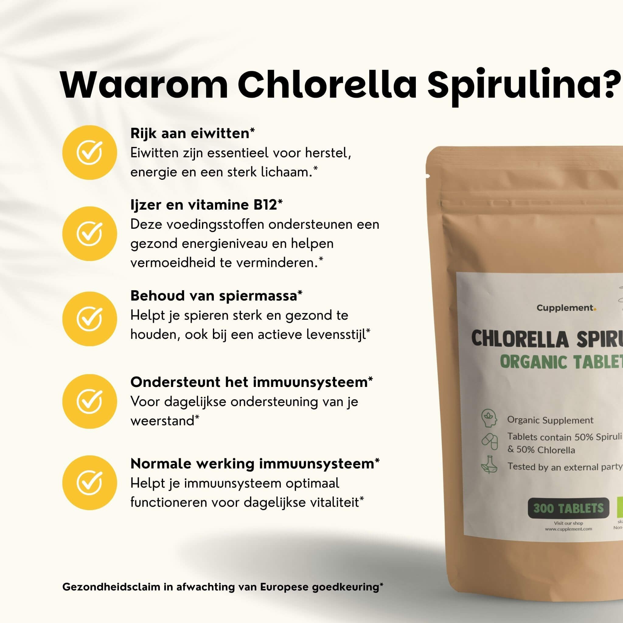 Zakje met tabletten. Tekst: Chlorella Spirulina Organic Tablets. 300 tabletten. Voordelen: eiwitten, ijzer, spiermassa.