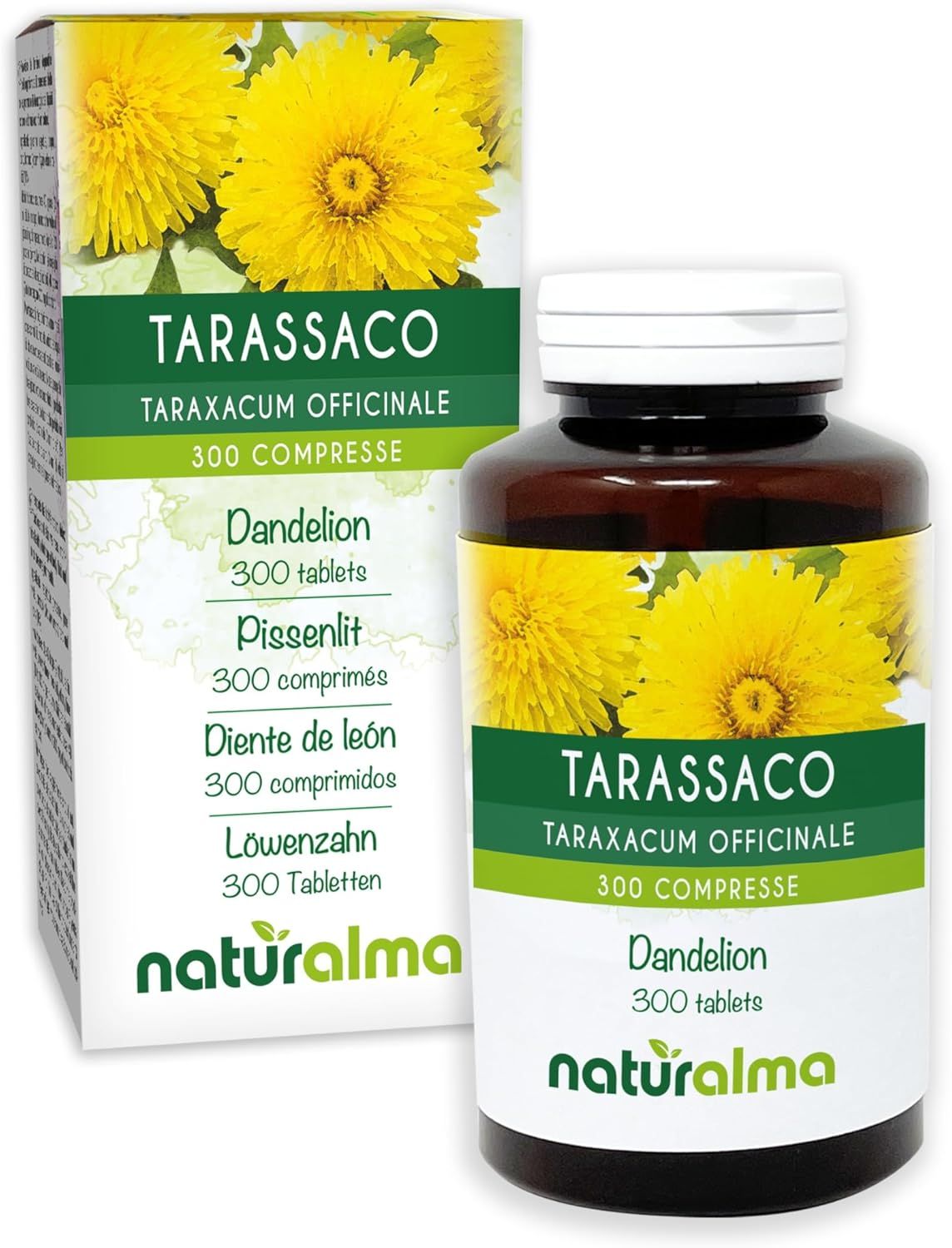 Verpakking en fles met tabletten. Tekst: Tarassaco, Paardenbloem, 300 tabletten. Naturalma logo.