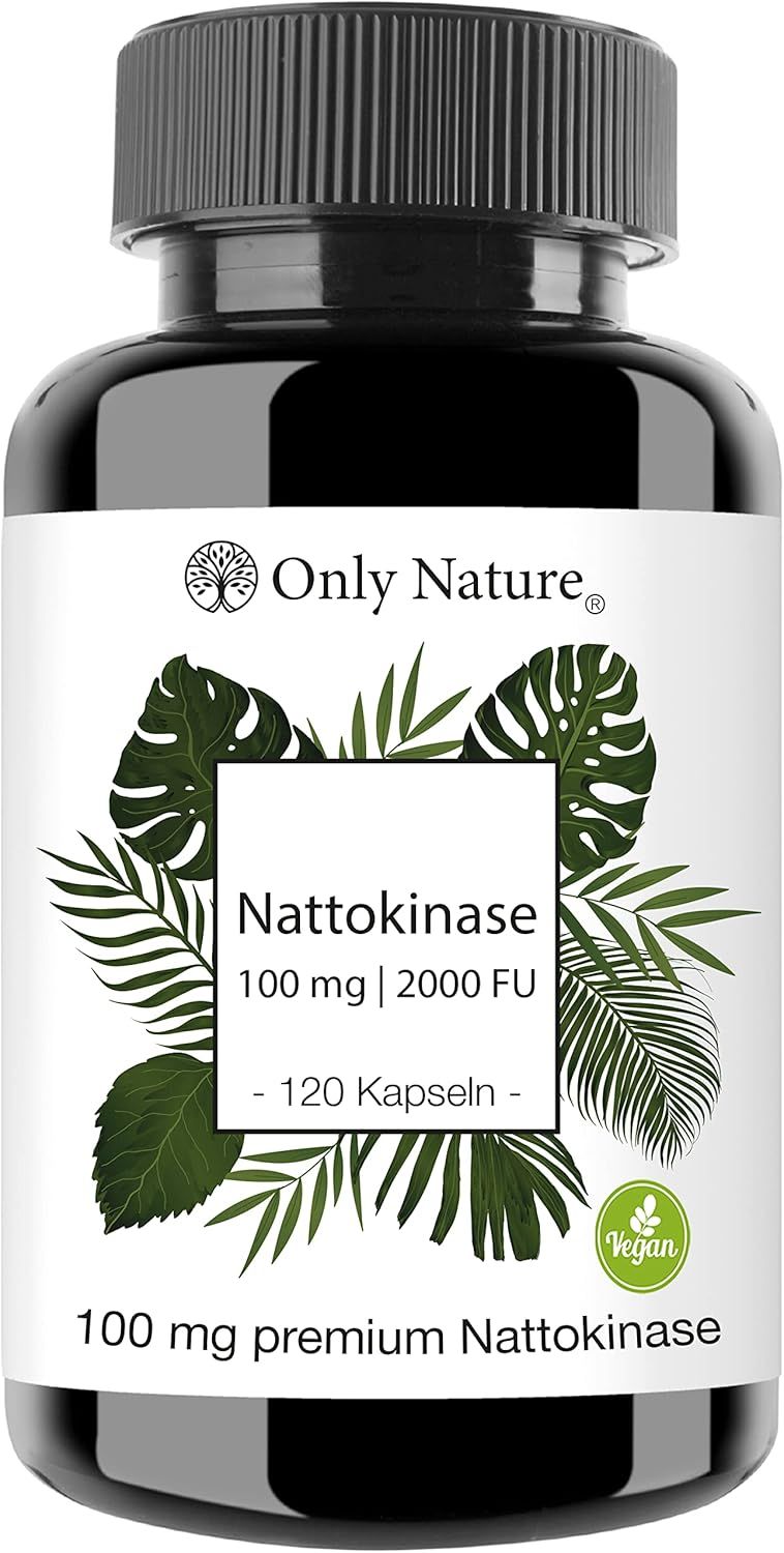 Gélules Only Nature Nattokinase : Flacon noir avec étiquette blanche, feuilles vertes et informations produit.