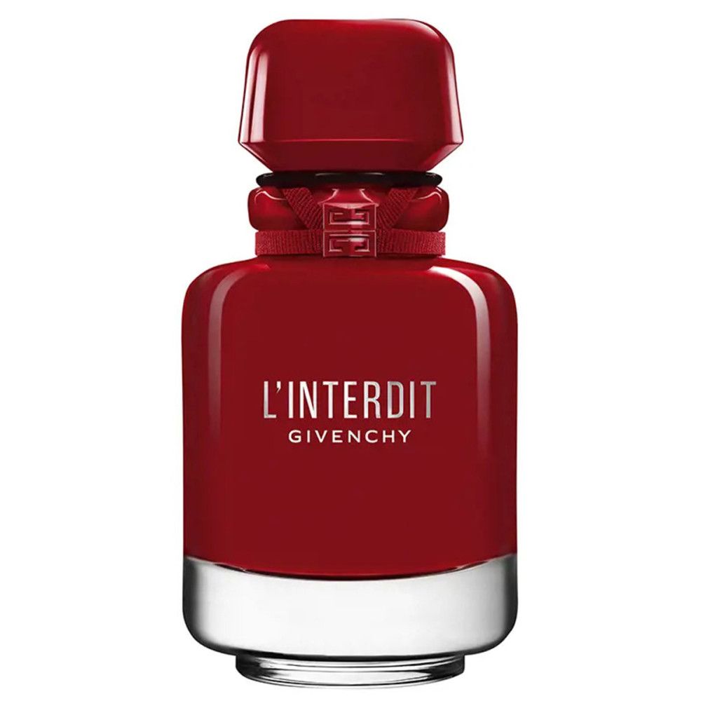 Rode fles met rode dop. Opschrift: L'Interdit Givenchy. Fles met zilveren basis.