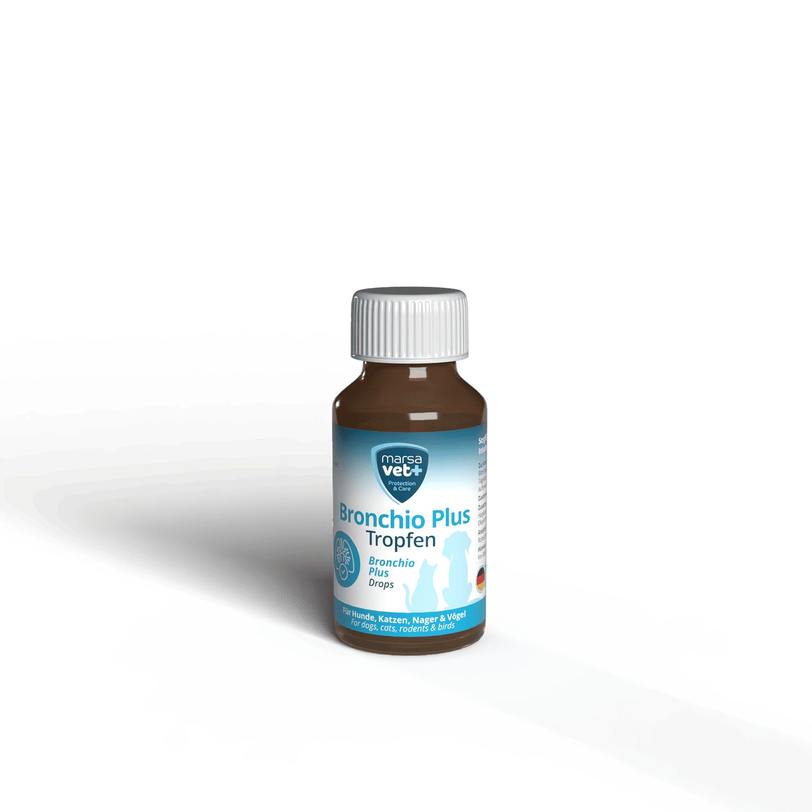 Bruine vloeistof in een fles met witte dop. Opschrift: Bronchio Plus Druppels.