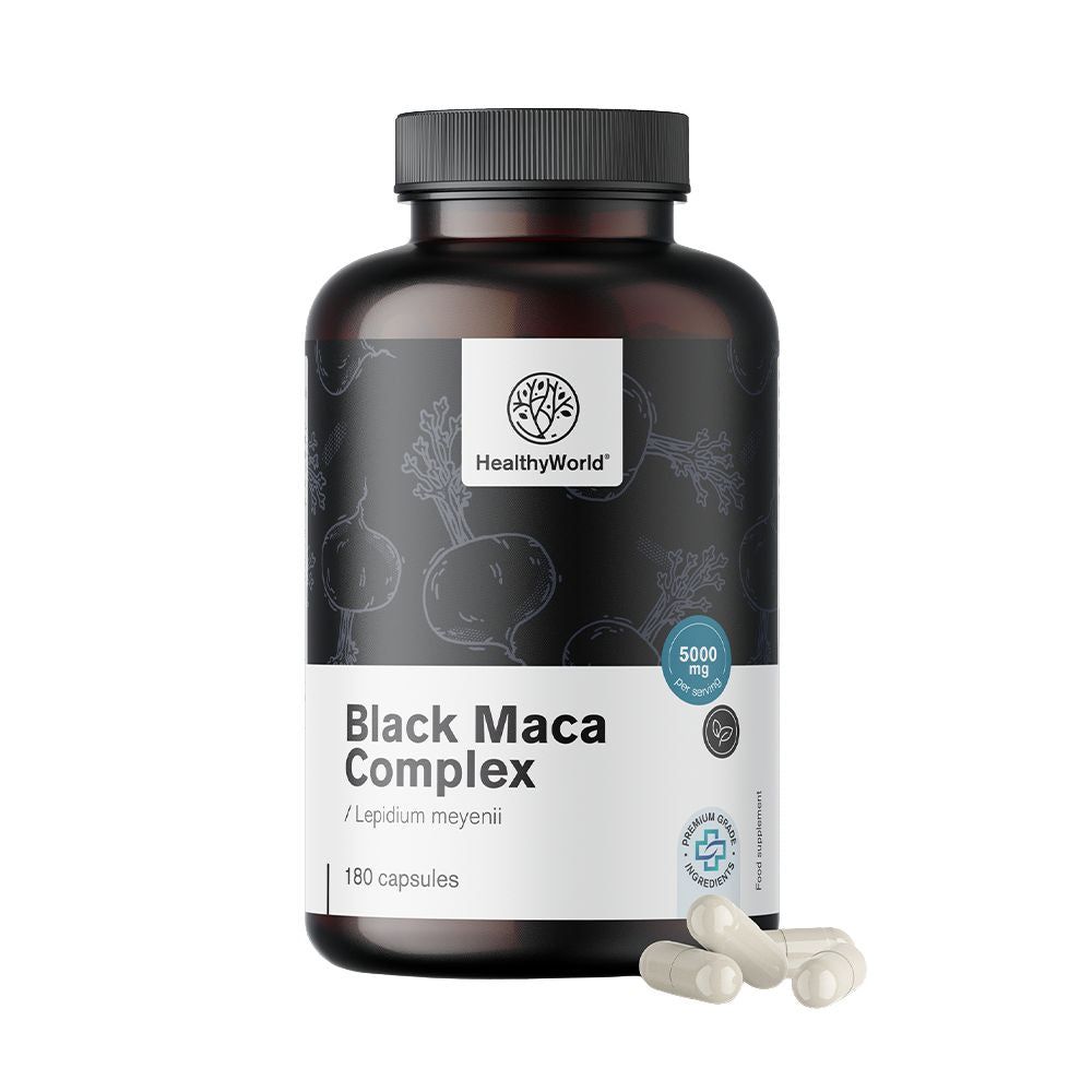 Bruine fles met zwarte capsules. Opschrift: Black Maca Complex, 180 capsules. Logo: HealthyWorld. Enkele capsules ernaast.