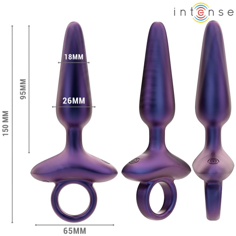 Bouchon anal violet avec anneau de maintien. Dimensions: 95mm longueur, 26mm diamètre à la base, 18mm diamètre à la pointe.