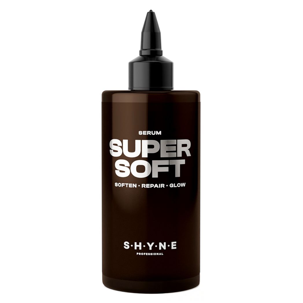 Flacon marron avec bouchon noir. Inscription : SERUM SUPER SOFT. S.H.Y.N.E PROFESSIONAL.