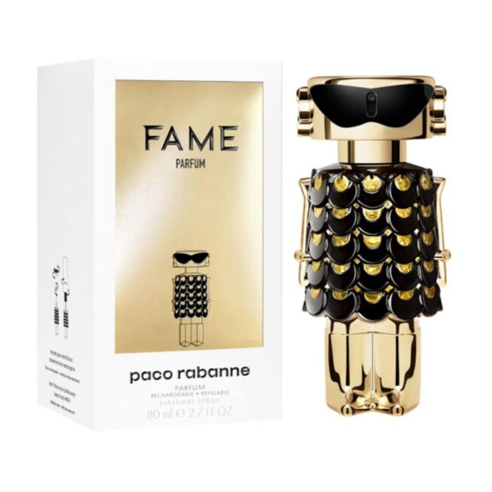 Flacon doré avec détails noirs et emballage. Inscription "FAME PARFUM" et "paco rabanne".
