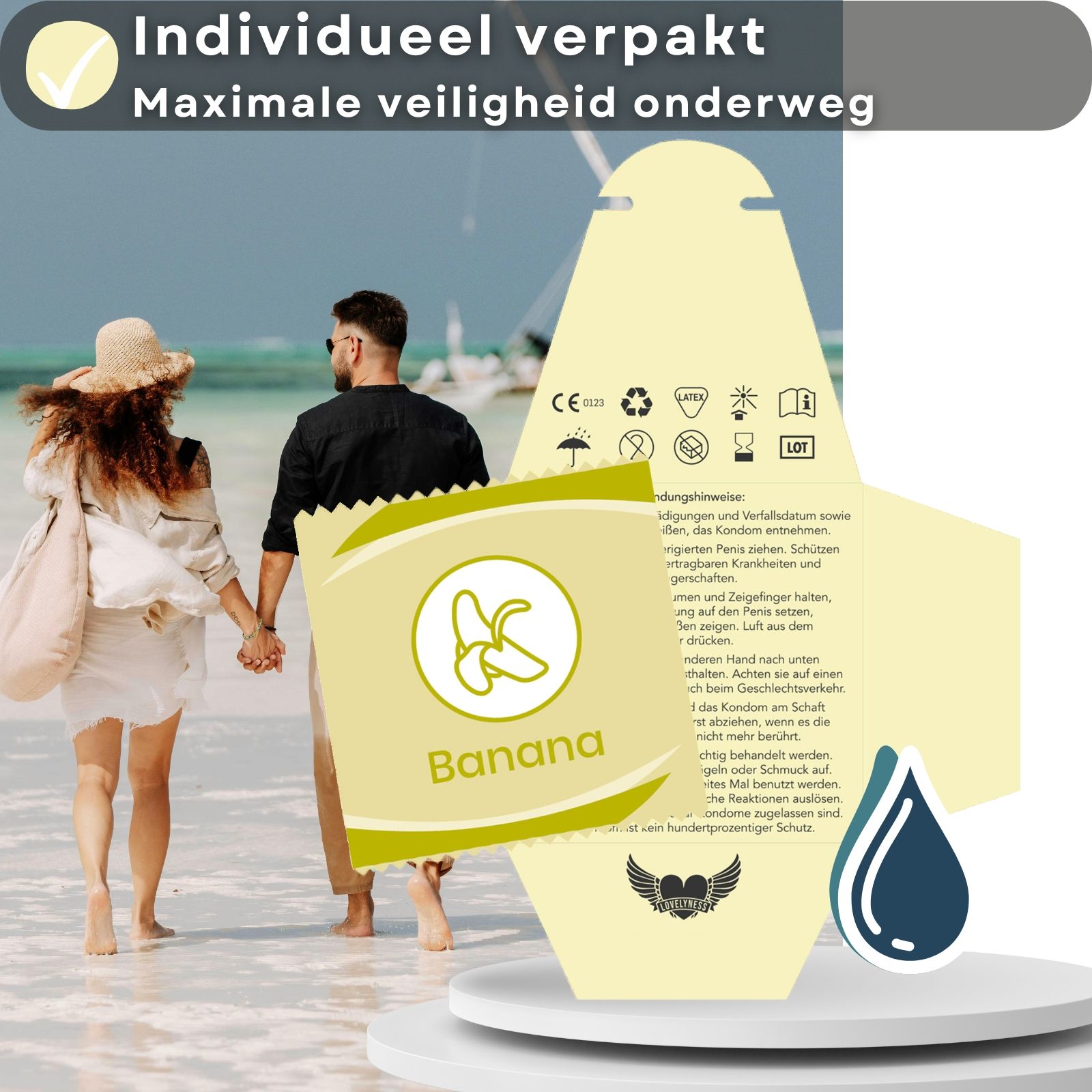 Condoomverpakking met tekst: Individueel verpakt Maximale veiligheid onderweg. Banaanlogo.