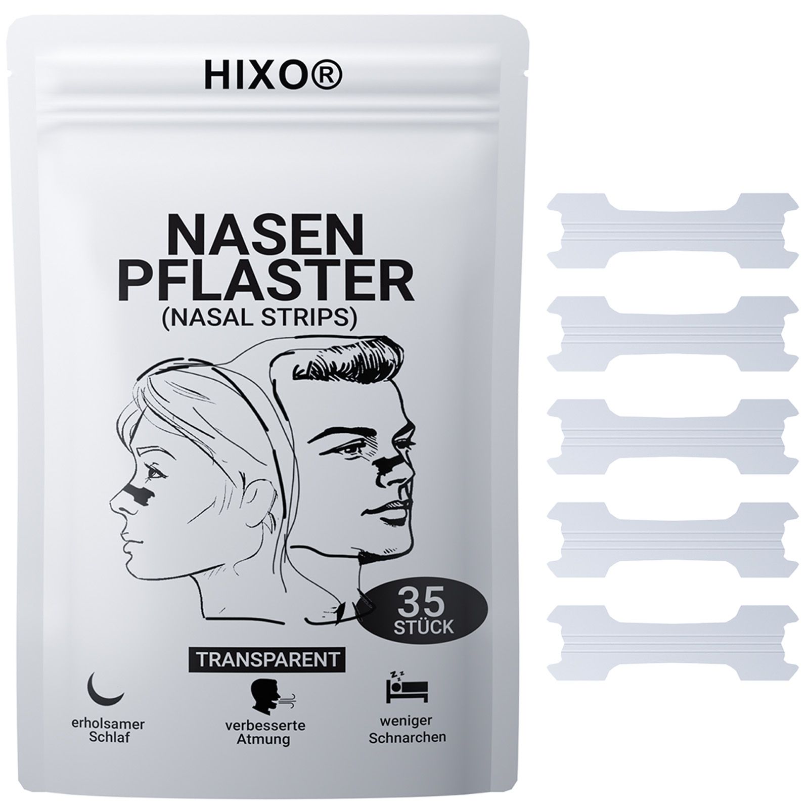Verpakking met transparante neusstrips. Opdruk: HIXO, neusstrips, 35 stuks. Strips liggen naast de verpakking.