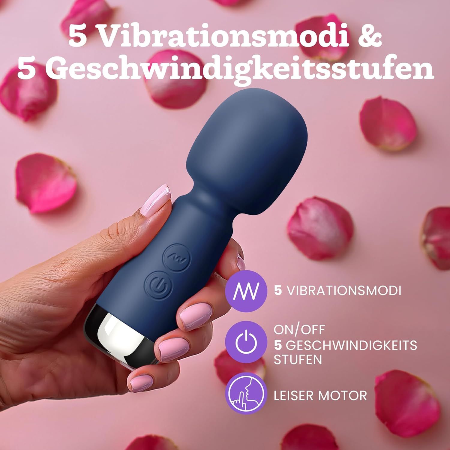 Main tenant un mini vibrateur bleu. Icônes indiquant 5 modes de vibration, marche/arrêt, 5 niveaux de vitesse, moteur silencieux.