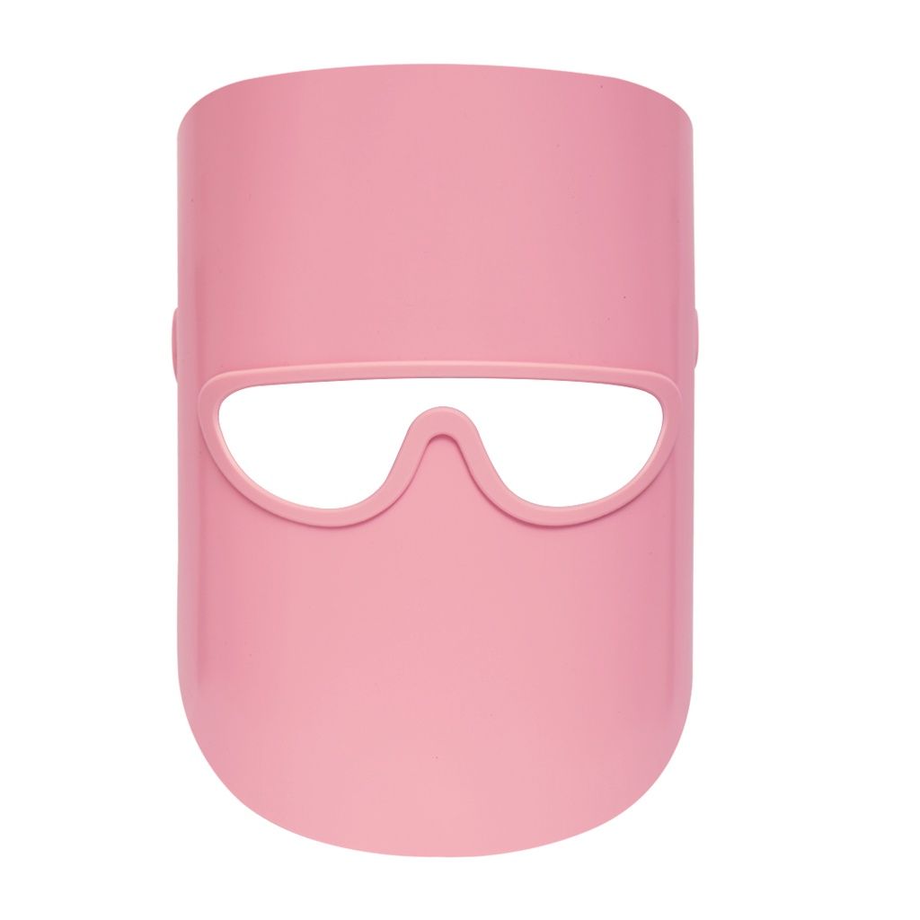 Un masque de luminothérapie LED rose avec lunettes de protection intégrées.
