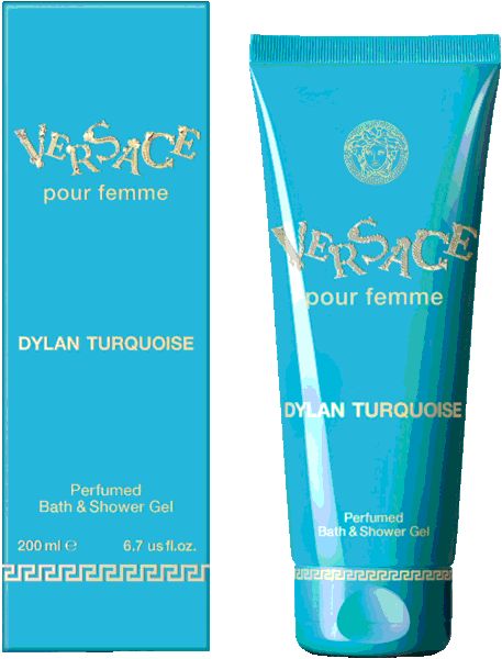 Tube et boîte turquoise. Inscription: Versace pour femme, Dylan Turquoise. Gel douche. Écriture dorée.